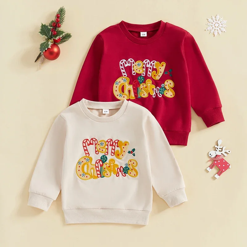 Children\'s Clothing Kids Boys Girls Christmas Sweatshirts Letter Embroidery Pullover Xmas Tops Outwear 1-6Y