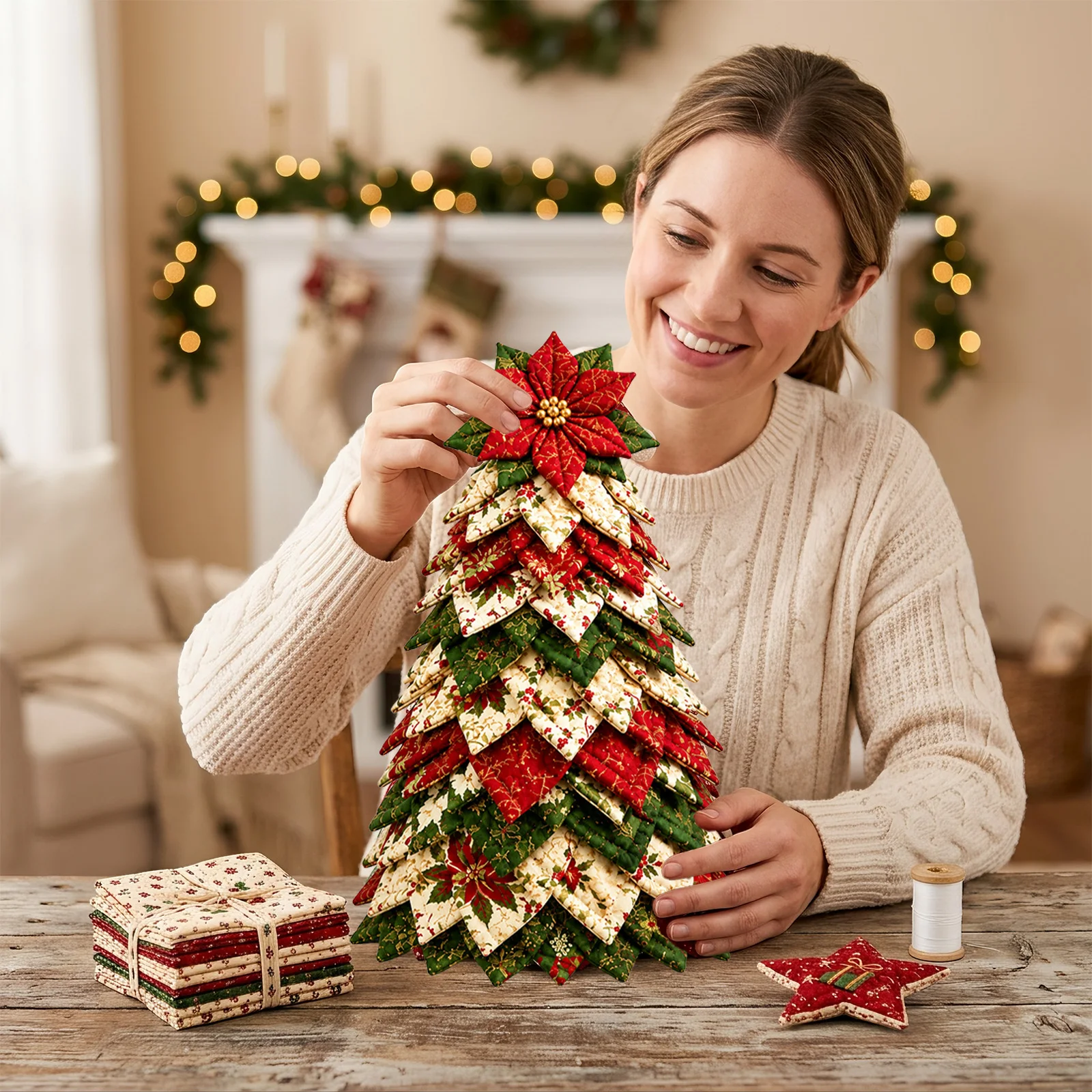 Vintage DIY Quilted Fabric Christmas Tree Kit 3D Layered Fabric Patchwork Tabletop Xmas Tree Sewing Kit Winter Home Decor
