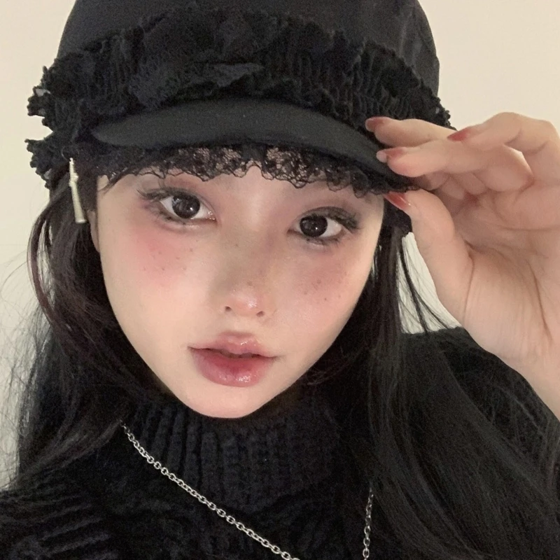 Japanese Women Double Layers Lace Beret Cap Fashion 2000s Girls Gothic Punk Cross Pendant Octagonal Hat Street Photography Hat