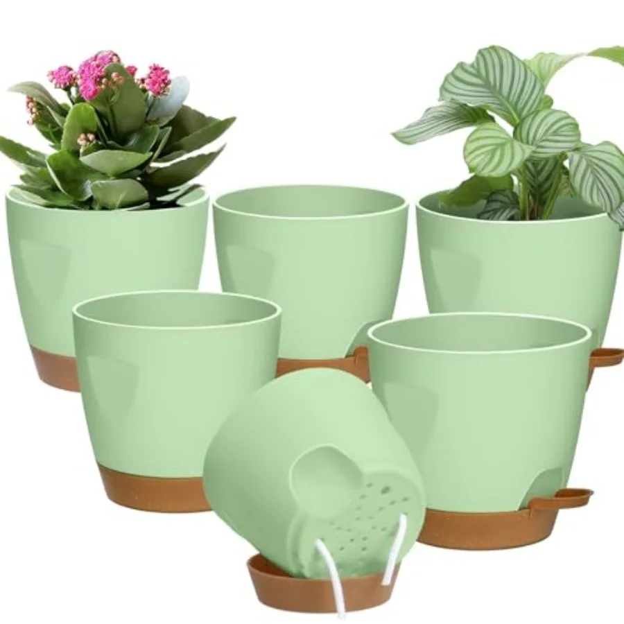 5-Pack Plant Pots with Drainage 7/6.5/6/5.5/5 Inch Self Watering Pots for Indoor Outdoor Plants, Plastic Flower Pots with Drain