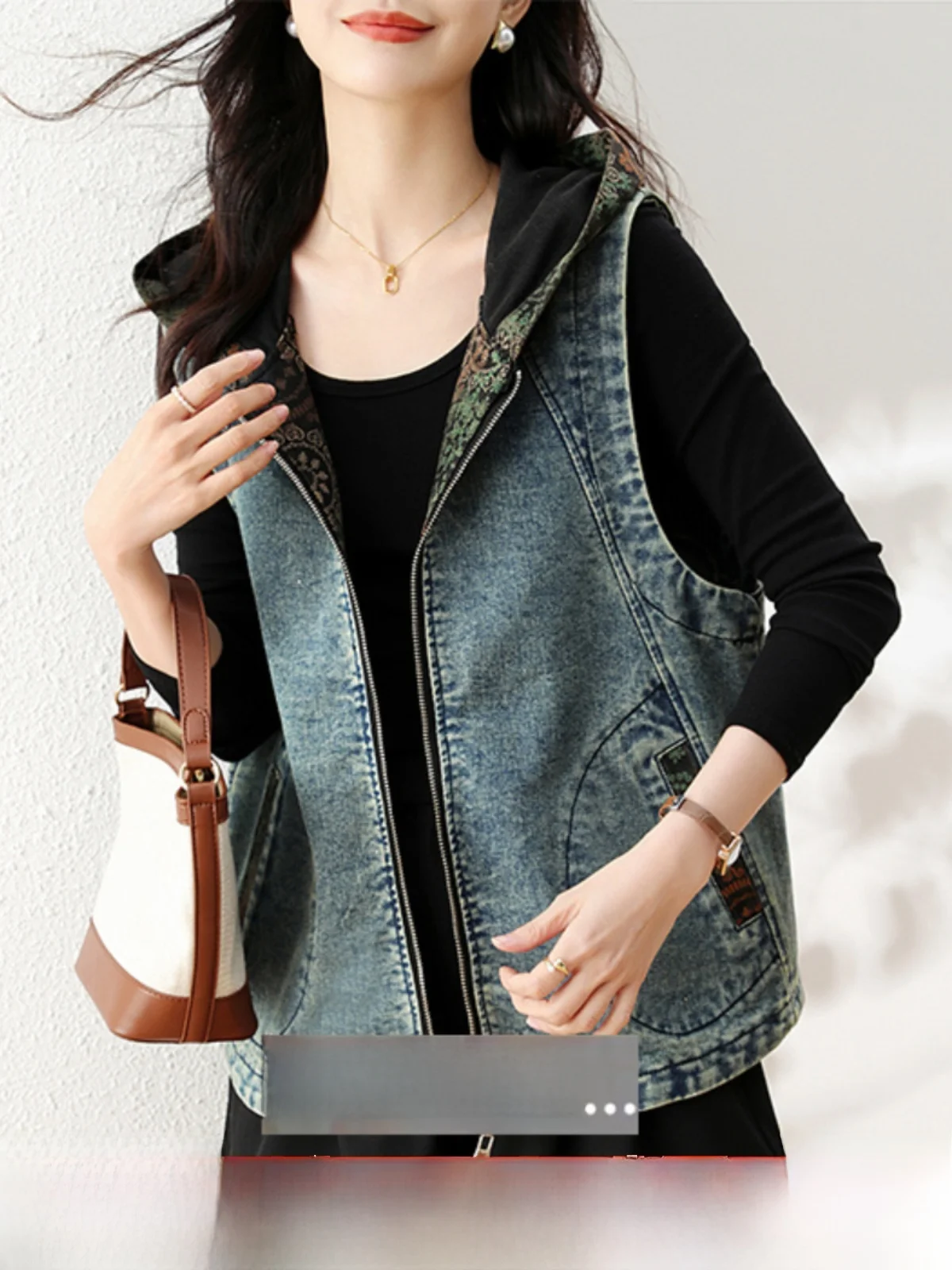 

Loose Women's Denim Jaet with Hood Patchwork Color National Sle Vest Top Zipper Closure Pure Color Commute Sle