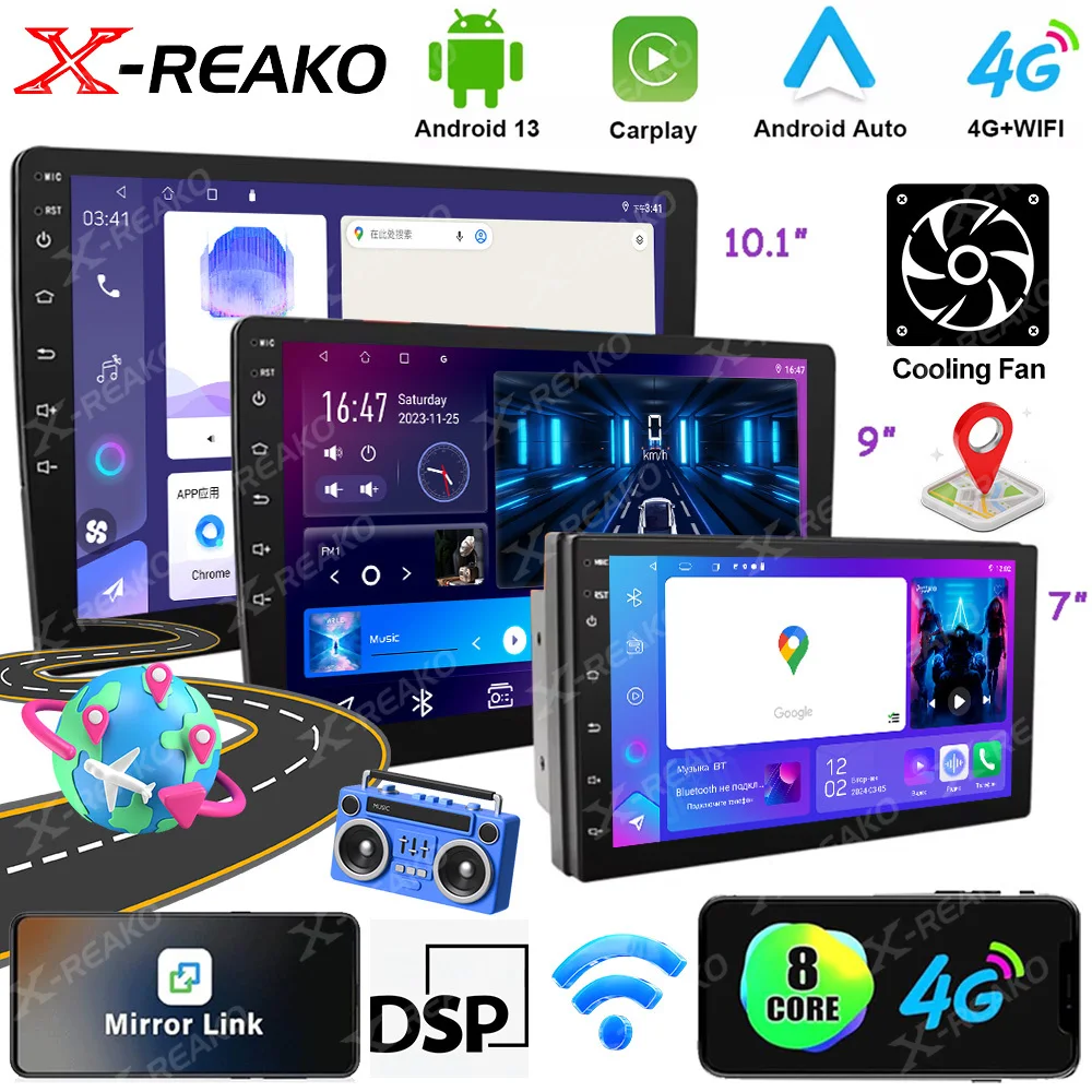 X-REAKO 7/9/10'' 2Din Car Radio Android 14 Multimedia 4G Stereo Receiver Carplay For toyota Hyundai Kia Volkswagen Jeep Fiat