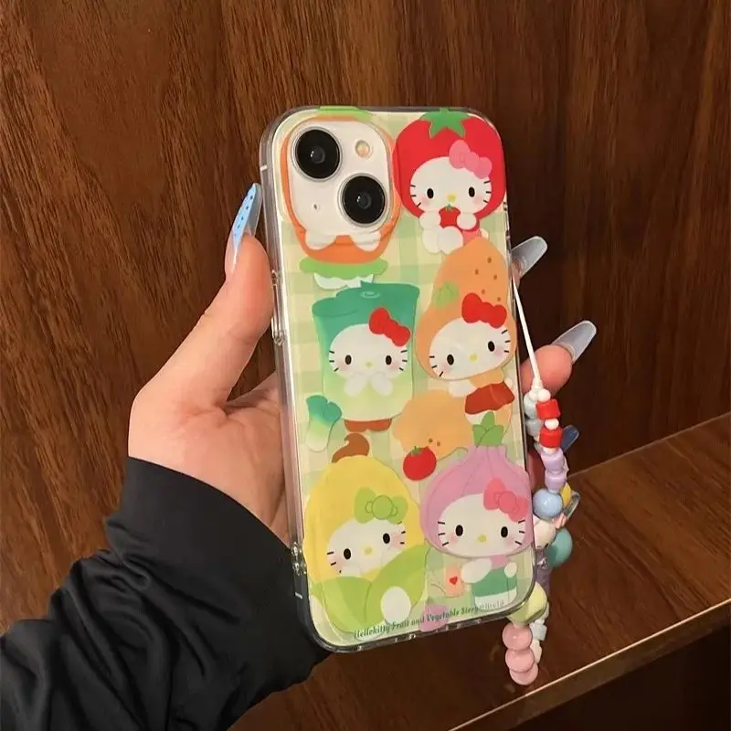 Sanrio Hello Kitty Creative Green Plaid Vegetables Phone Case For iPhone 16 15 14 13 12 11 Pro Max XR XS Max 7 8 Plus Y2K Cover