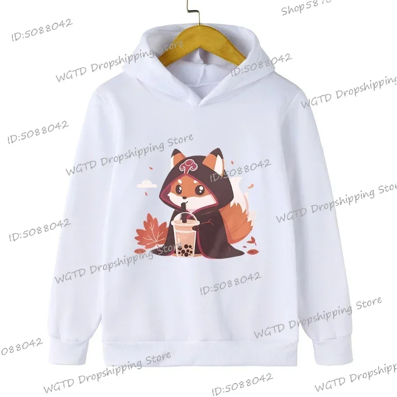 

3-12 Years Old Children's Fox Bobo Tea Hoodie Kids Cartoon Style Clothing Long Sleeve Lovely Animal Milk Tea Boy Girl Sweatshirt