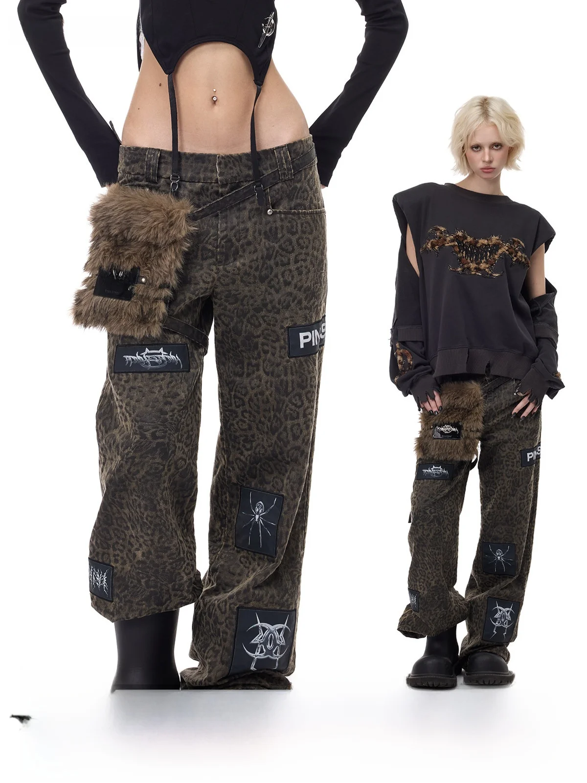 

Брюки PINKSPINK26AW свободного кроя с леопардовым принтом, пэчворком и вышивкой, повседневные, с низкой талией, на молнии, из хлопковой ткани