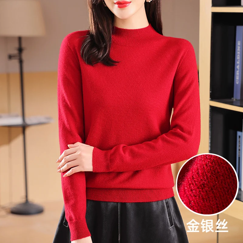 

Women 100% Sheep Wool Tees Seamless Sweater Autumn & Winter Mock Neck Knit Tops Ladies Slim Fit Pure Wool Knitwear Pullobvers