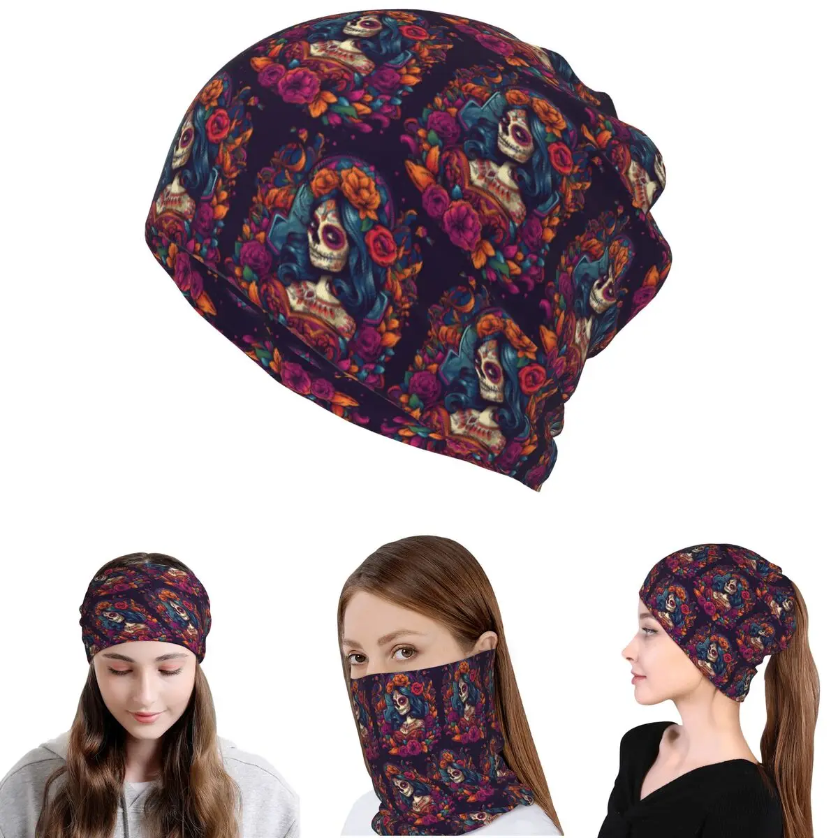 Mexican Catrina Girl Day Of The Dead Sugar Skull Bandana Neck Gaiter Wrap Mask Scarf Multi-use Balaclava Beanies Hat Winter