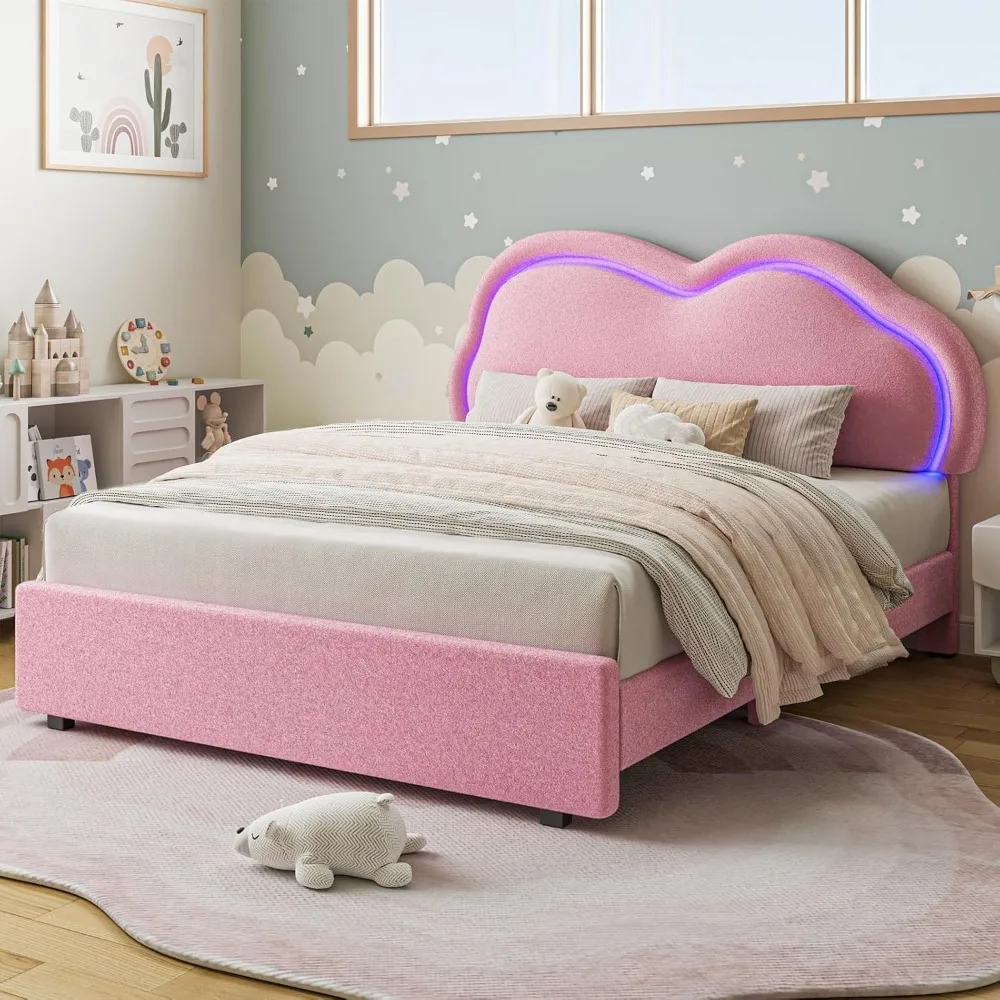 Cloud Bed Frame Queen Size Platform Bed Frame with Headboard and LED Light for Girls/Kids Upholstered Queen Bedframe with Heavy