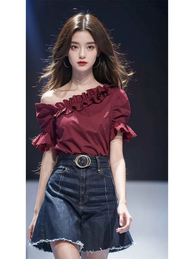 

2024 Summer New Unique Elegant Short-sleeved Women's Shirts with Skew Collar, French Fashion Burgundy Shirt