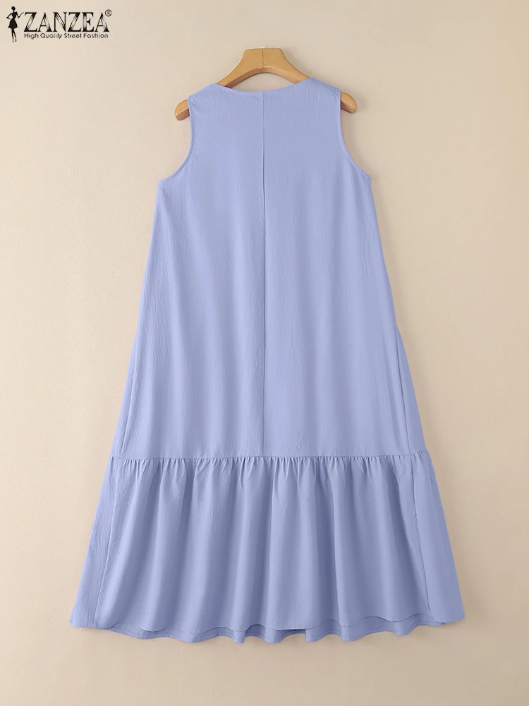 Zanzea sem mangas midi vestidos femininos 2025 verão casual o-pescoço em camadas a linha robes femme férias cor sólida vestido de verão S-3XL