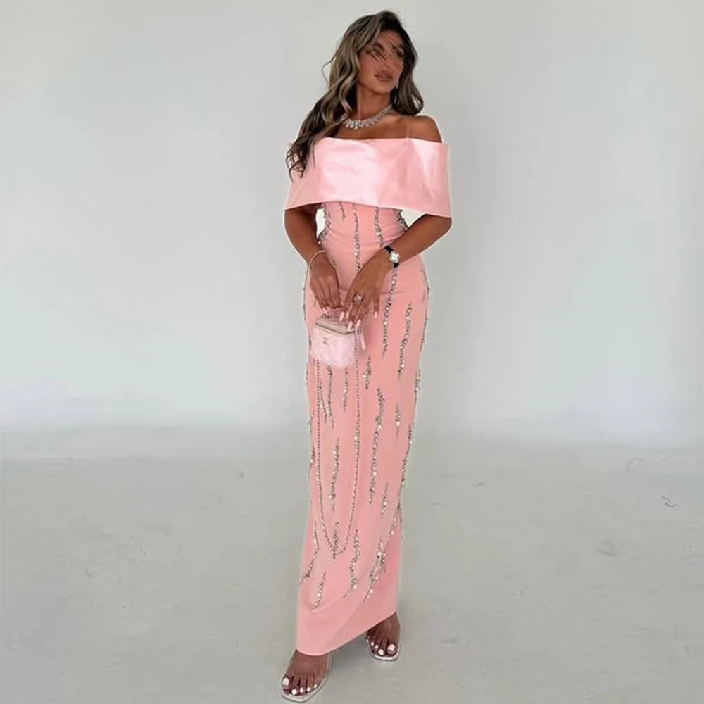 Flechazo Off the Shoulder Pink Evening Dress Beading Straight Back Slit Floor Length Customized Banquet Party Prom Gowns