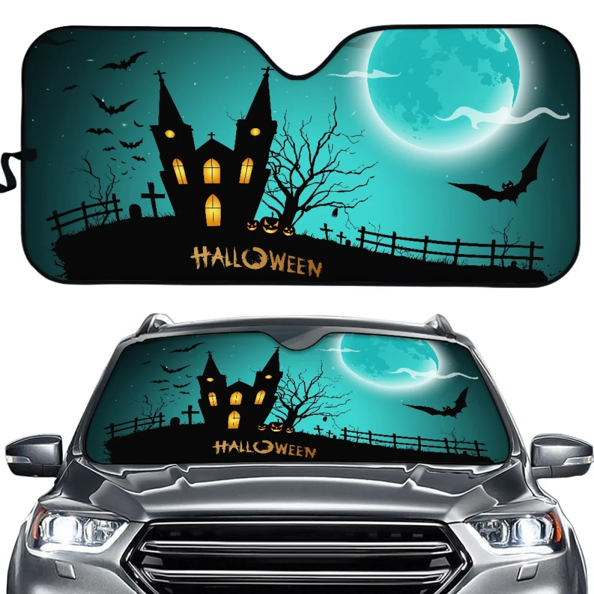 Horror Waste Castle Bat Print Car Sun Visor Large Size Universal Auto Car Windshield Sunshade Halloween Window UV Protector Gift