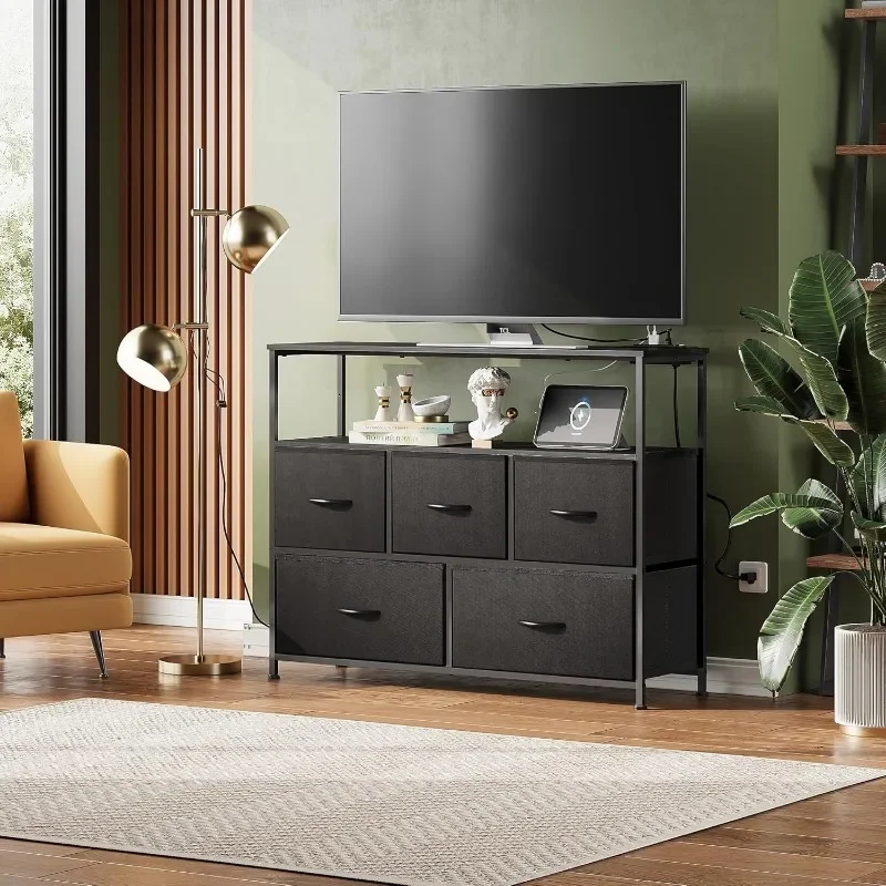 Fabric Dresser for Bedroom with 5 Drawers, Entertainment Center with Open Shelf and Power Outlet for 45 inch TV, Dresser TV