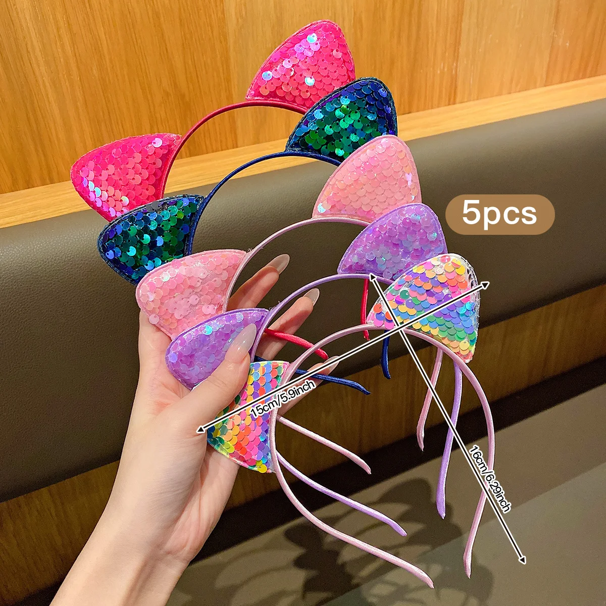 

5 Cute Color Sequins Cat's Ears (Steamed Cat-ear Shaped Bread) Headband Sweet Hair Clip for Daily Use