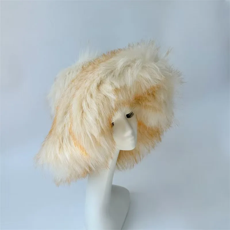 Big fluffy faux raccoon dog fur ladies luxury plush bucket hat warm winter colorful gorgeous hat