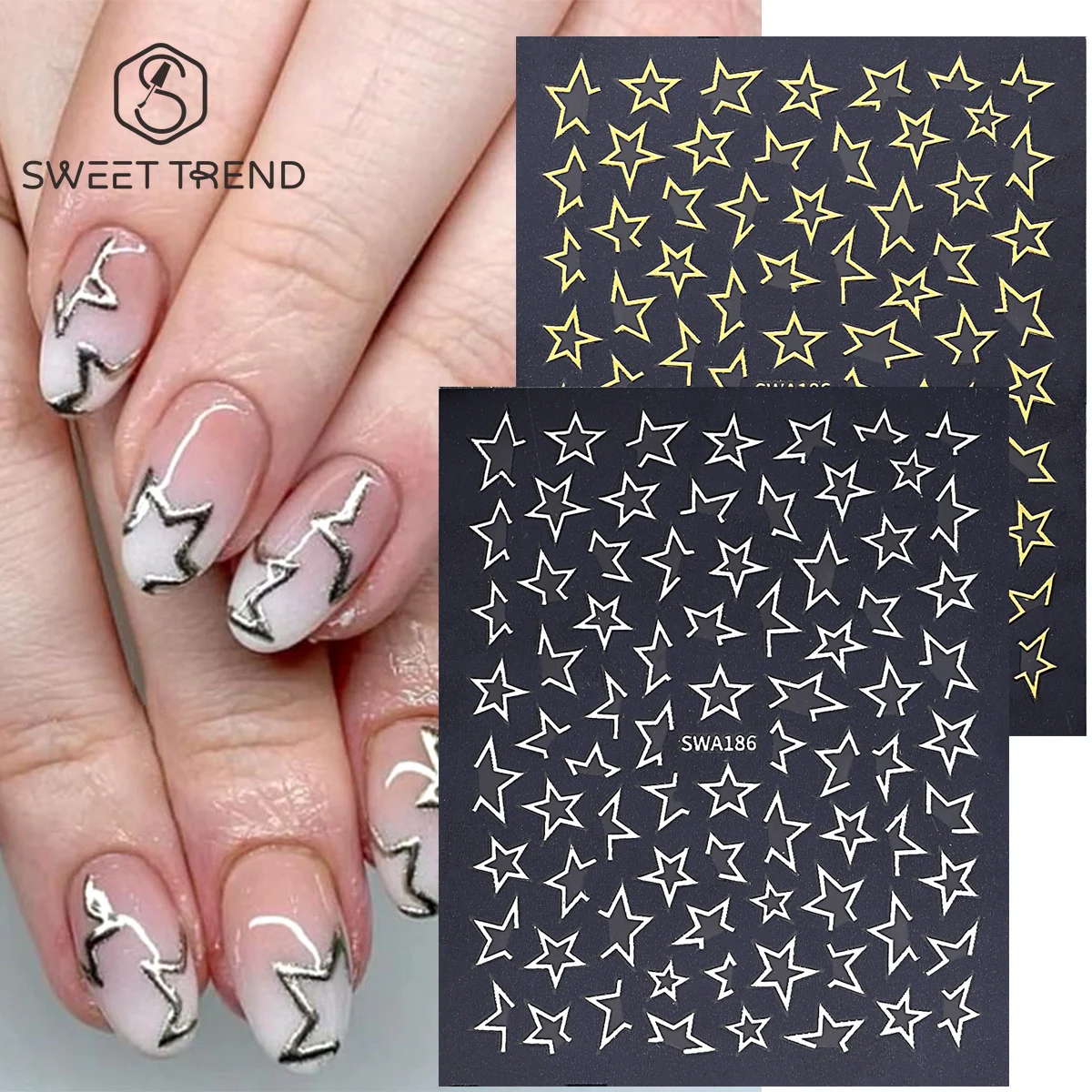 2 Sheet Gold Silver Hollow Big Star Nail Sticker Bronzing Simple Lines Star Y2K Style Slider For Nail Foils Wraps Manicure Decal