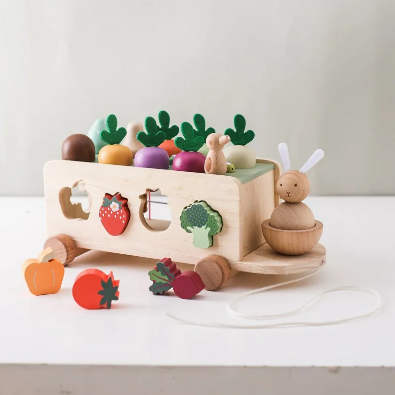 

Wooden Turnip Car Stretch Rope Hand-pulled Car Baby Carrot Pulling Toy Shape Matching Toy Parent-child Education Montessori Toys