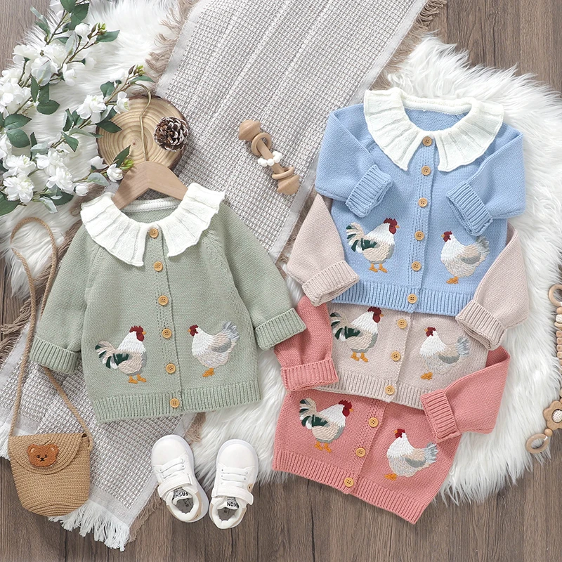 EWODOS Girls Sweater Cardigan Coats Rooster Embroidery Doll Collar Long Sleeve Button Down Tops for Baby Autumn Winter Outerwear