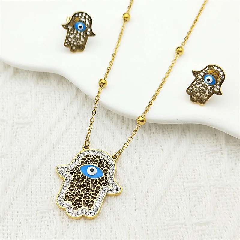 

Evil Eye Fatim's Hand Pendant Necklace Earrings For Women Girls Stainless Steel Gold Color Lucky Eyes Faith Female Jewelry Set