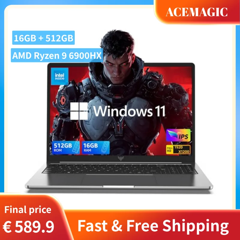 ACEMAGIC AMD Ryzen 9 6900HX Gaming-Laptop 16GB LPDDR5 512GB SSD Bis zu 4TB 16 Zoll FHD IPS-Display Radeon 680M WiFi 6 Windows 11