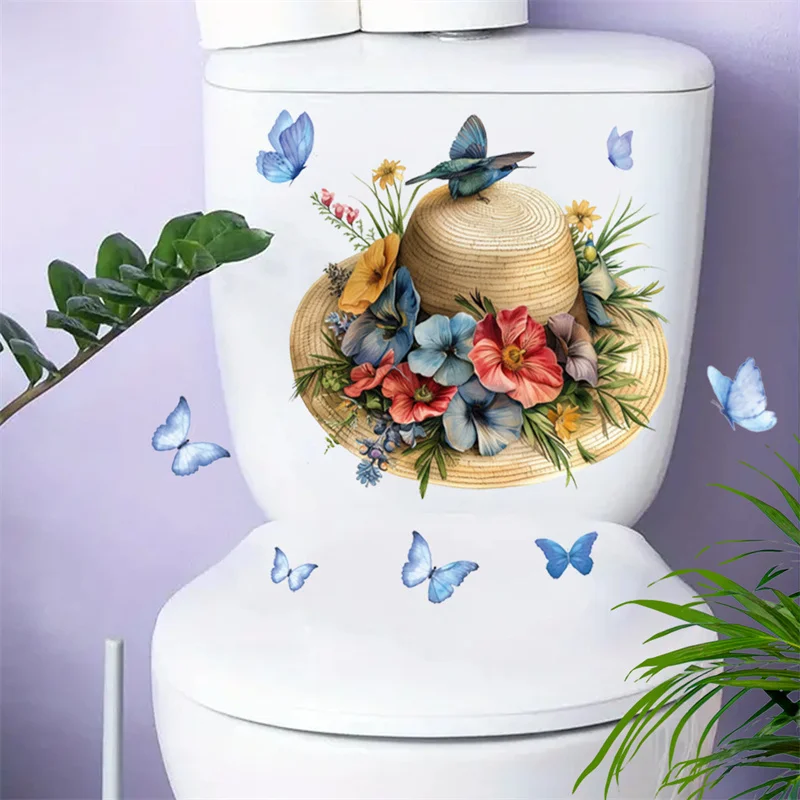 Butterfly Flower Hat Toilet Sticker Self-Adhesive DIY Sticker Paintings Removable Wall Decor For Bathroom Living Room Bedroom