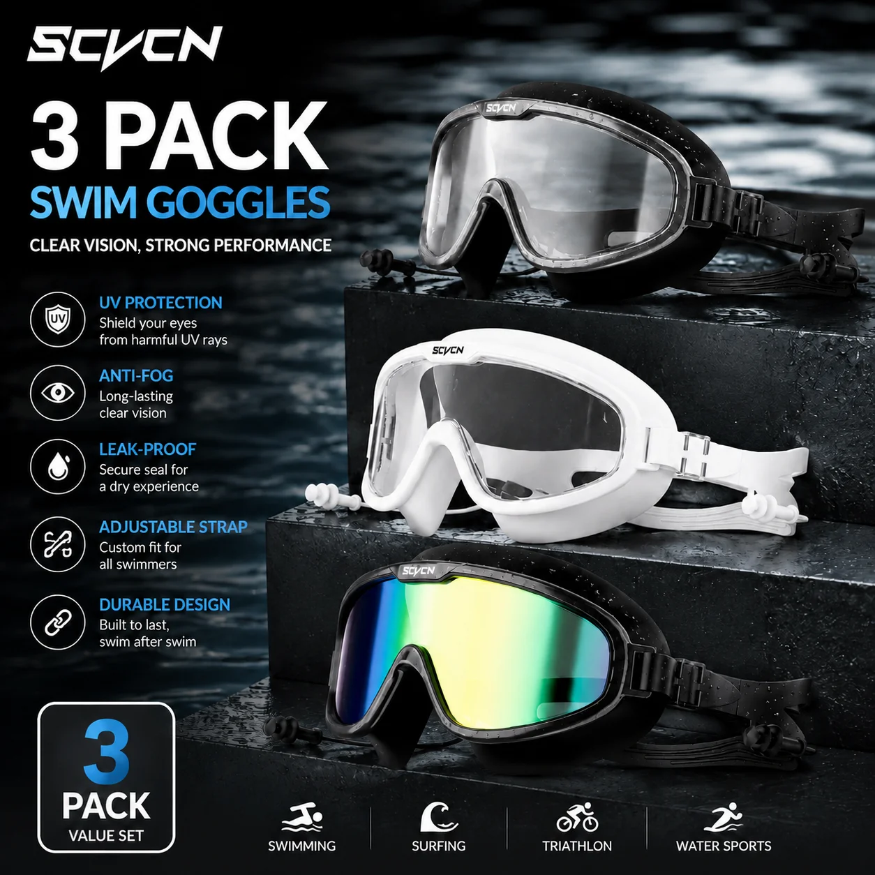 3PACK 3PACK SCVCN Swimming Goggles Professional Beach Essential Anti-fog Large Swim Sunglasses Equipment UV400 Waterproof Glasses - Aliexpress Deal