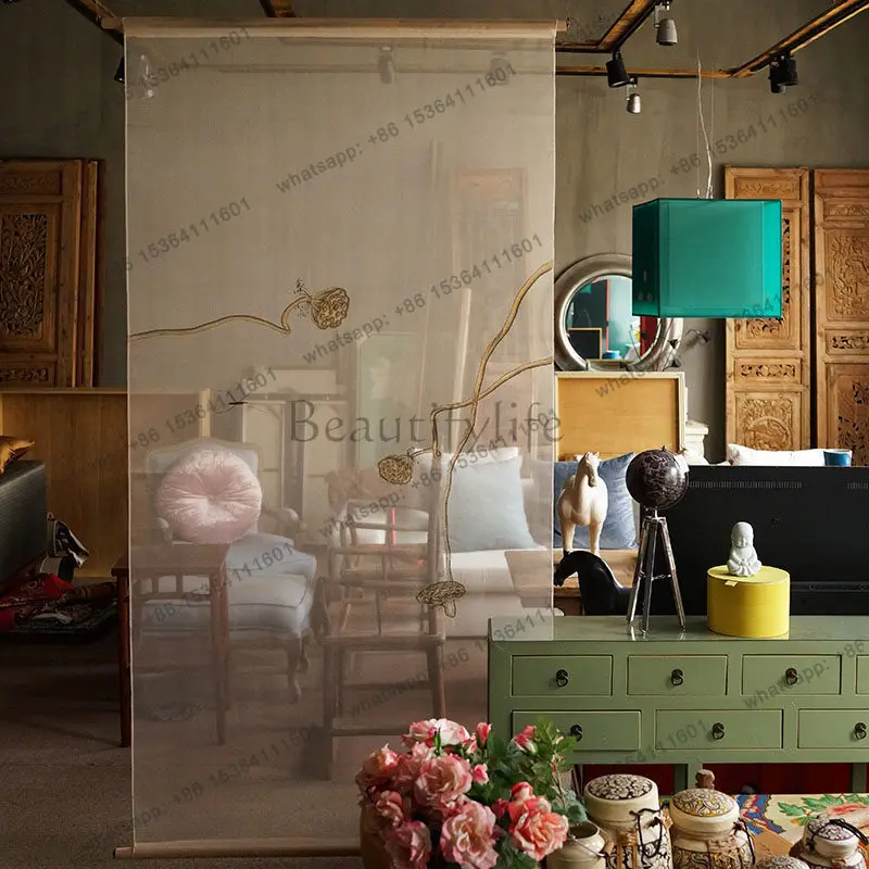 Factory Direct T New New Chinese Screen Partition Living Room Entrance Art Silk Hand-painted Hanging Screen Soft Curtain