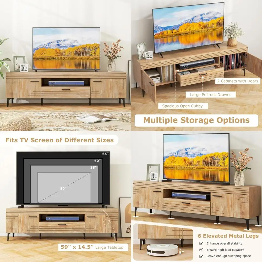 

65-дюймовая современная подставка под телевизор середины века с выдвижными ящиками и резными дверцами шкафа, развлекательный центр с металлическими ножками