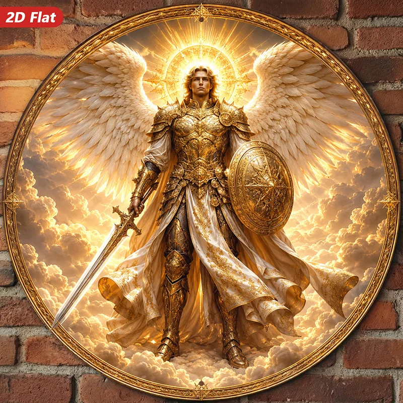 2D Flat, 1pc Round Metal Sign Wall Art, Angelic Warrior Home Decor, Golden Armor, Large Wings, Celestial Aura, Divine Style, for