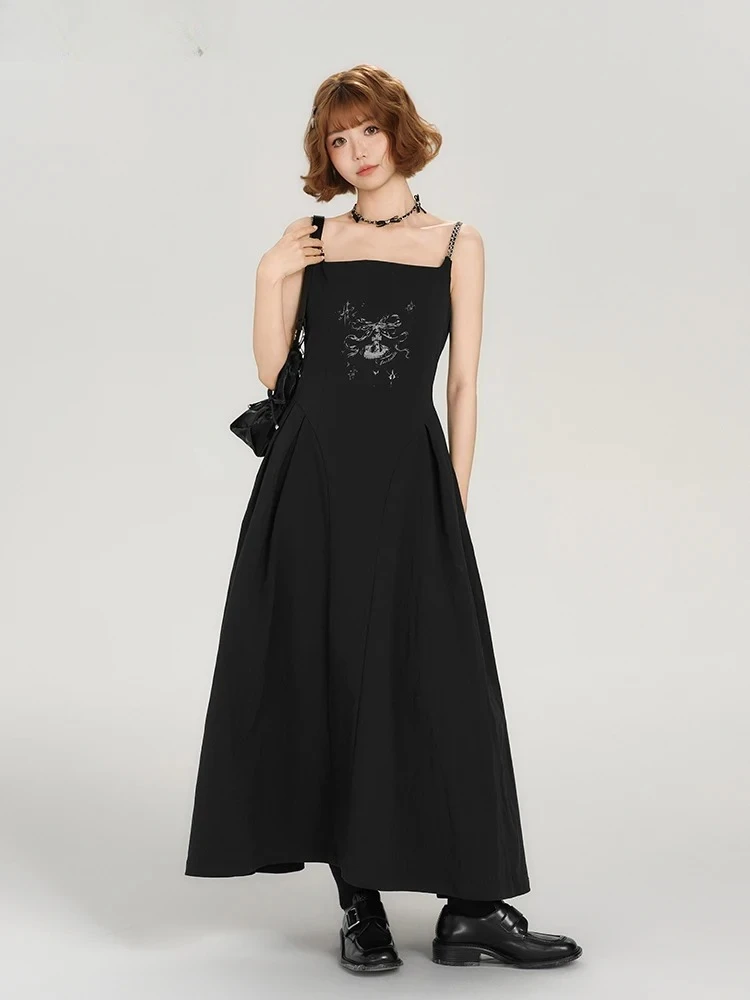 

American Retro Style Sweet Girls Suspender Long Dress Women's Summer Black Printing High Waist Slimming A-line Maxi Dresses