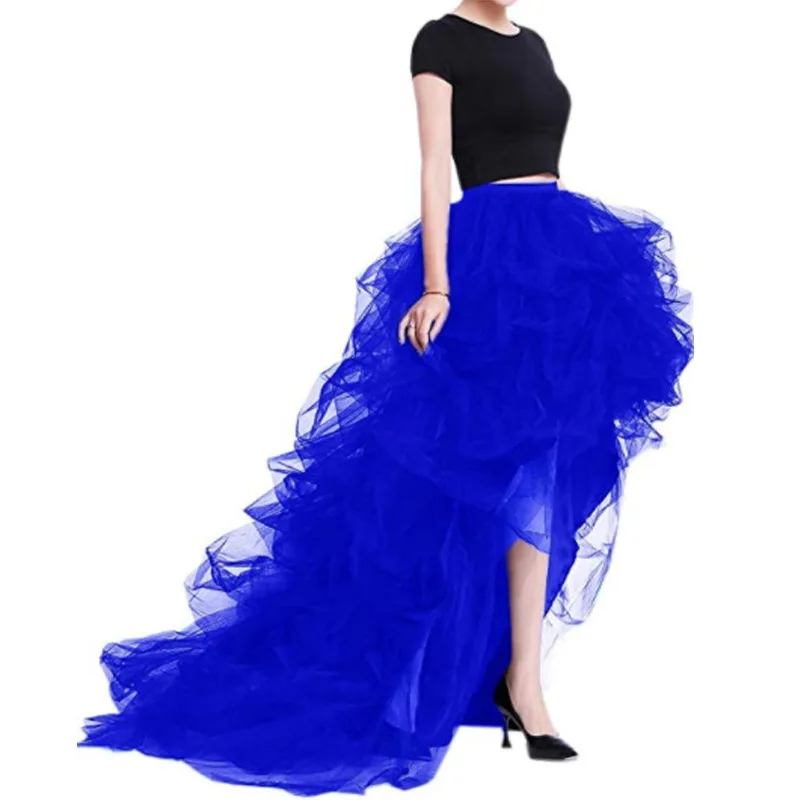Women High Low Ruffle Tulle Maxi Skirt High Waist Asymmetrical Tiered Mesh Tutu Skirt Party Evening Formal Long Skirt