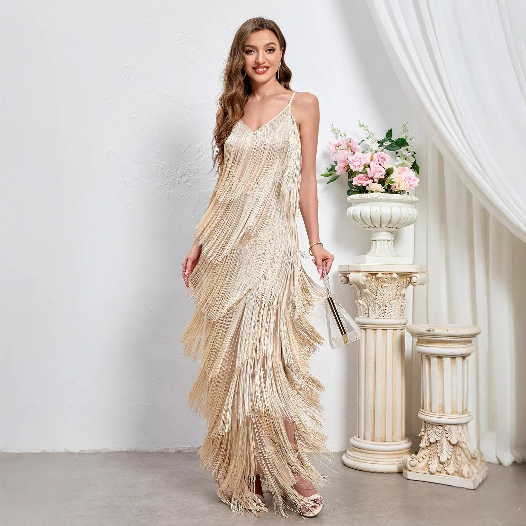 Celebrity Dresses Women Sexy Backless Tassels Dress V-neck Sling Gown High Waisted Slim Maxi Dresses New Chic Lady Party Evening