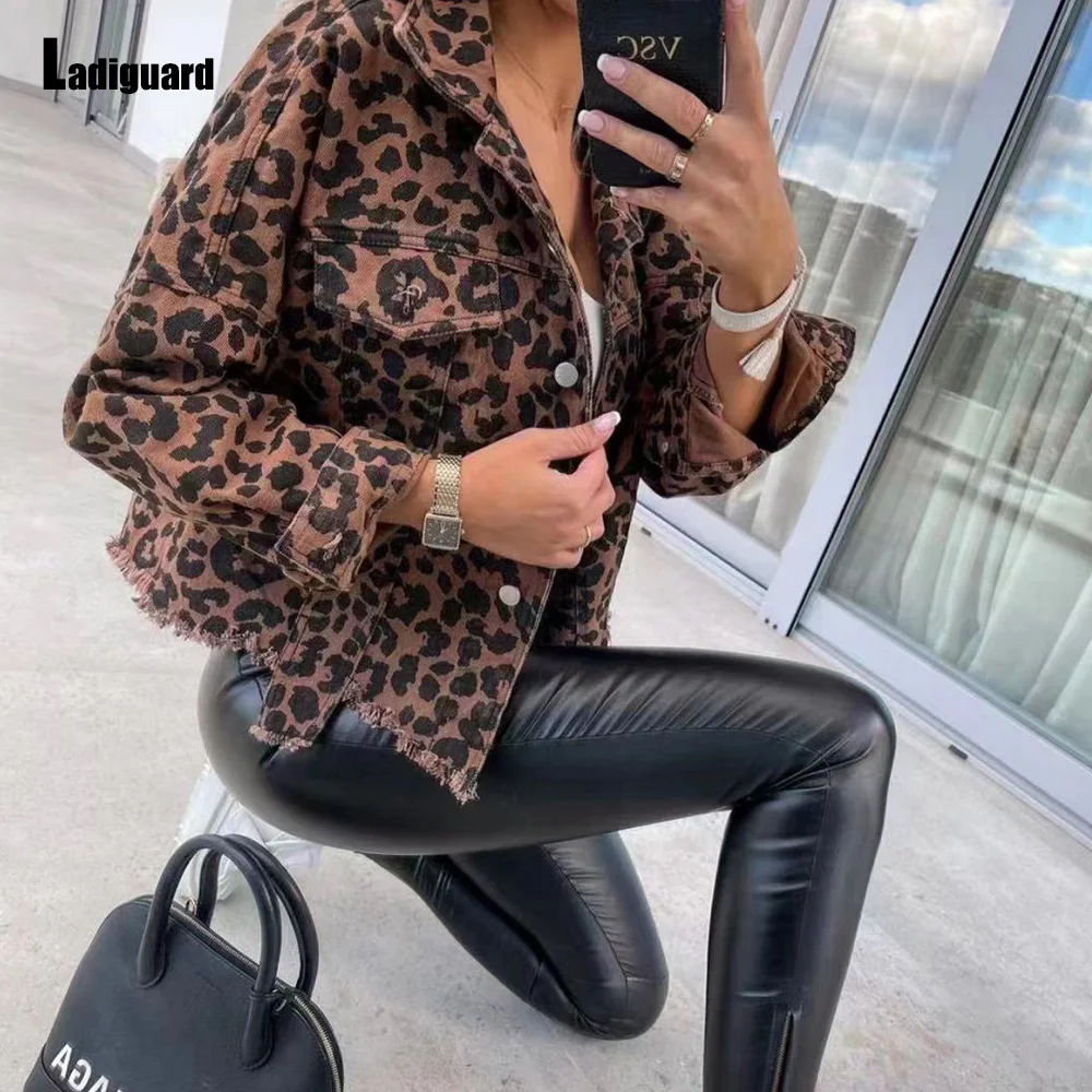 Ladiguard 2023 Sexy Ripped Denim Jacket for Women Leopard Print Jeans Outwear Girls Streetwear 2023 Single Breasted Demin Jacket