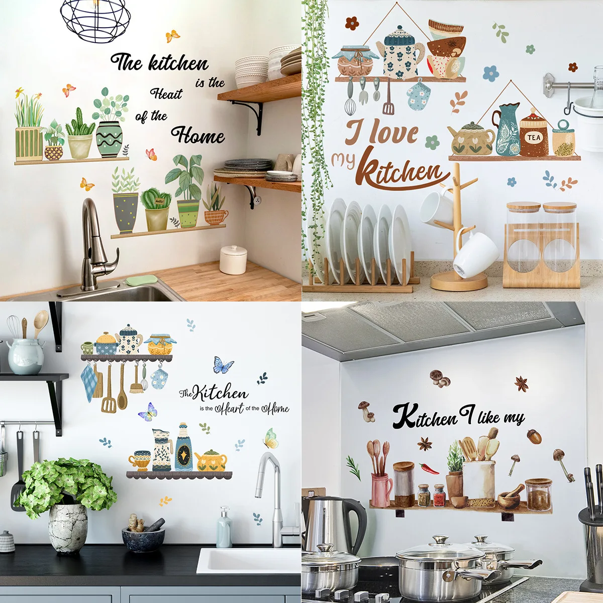 30*60cm English Kitchen Green Plant Pot Cartoon Wall Sticker Backwall Kitchen Living Room Bedroom Study Decorative Wall Sticker