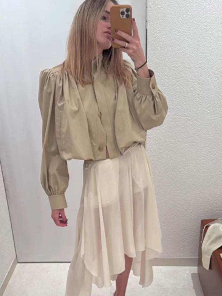 Casual Short Jackets Women Lantern Sleeve Loose Stand Collar Single Breasted Solid Coats 2025 Autumn Chic Street Outwears Lady