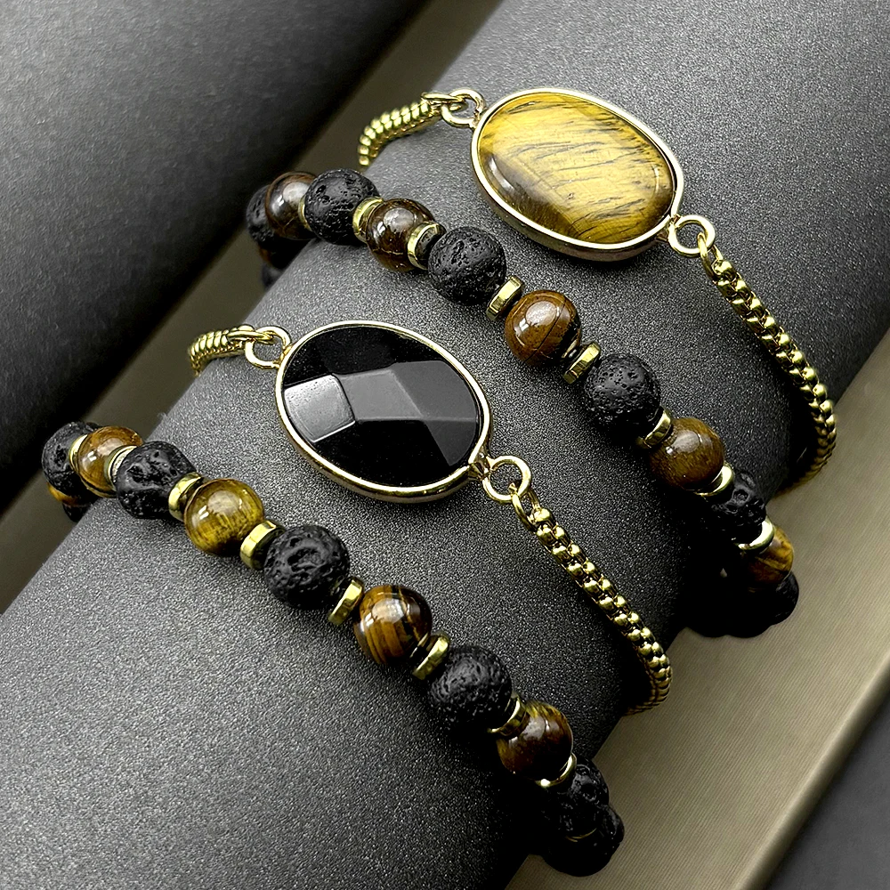 

Natural Tiger Eye Stone Healing Bracelet for Women Men Stainless Steel Gold Color Hematite Beaded Hand Chain Amulet Jewelry