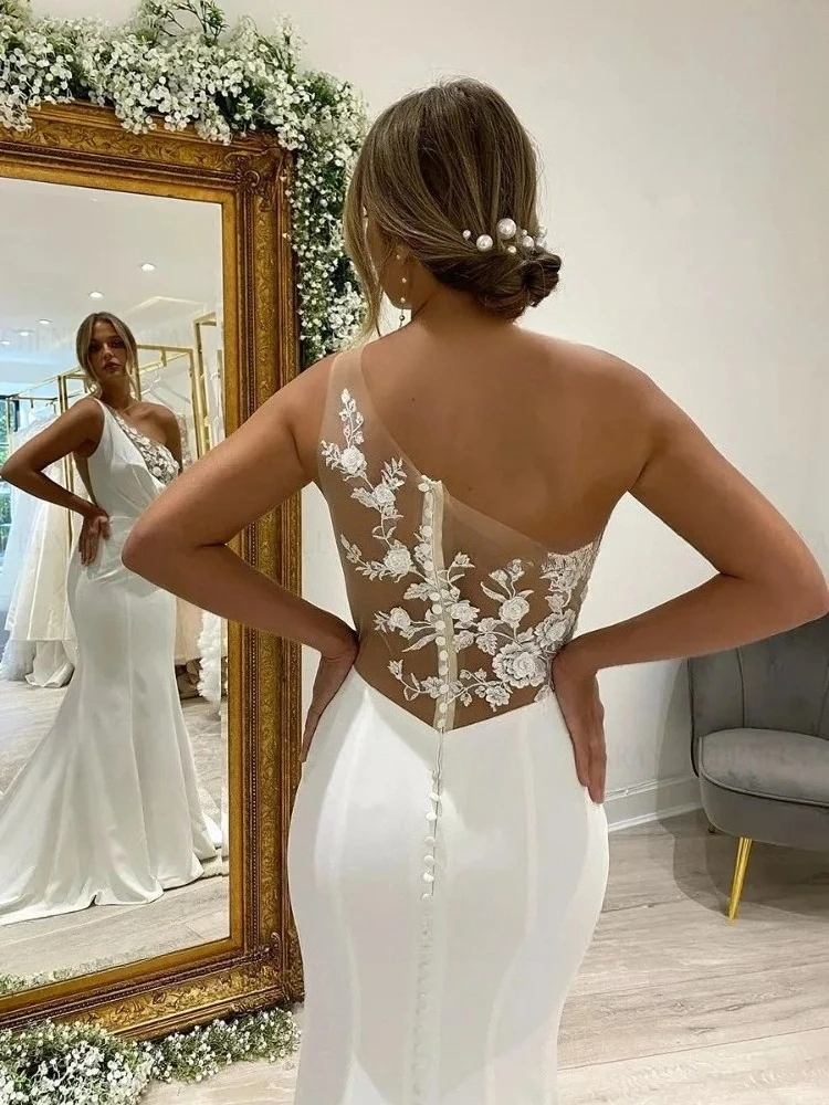 Sexy Backless Mermaid Wedding Dresses Applique One-Shoulder Floor Length Bridal Gown For Women Vestidos De Novia