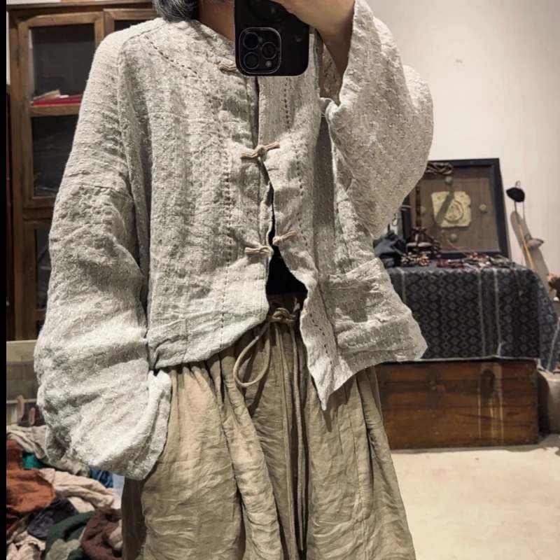 Chinese Style Retro Jacquard Handmade Buckle Vintage Coat Ramie Jackets Female Literary Temperament Long Sleeves Cardigan Top