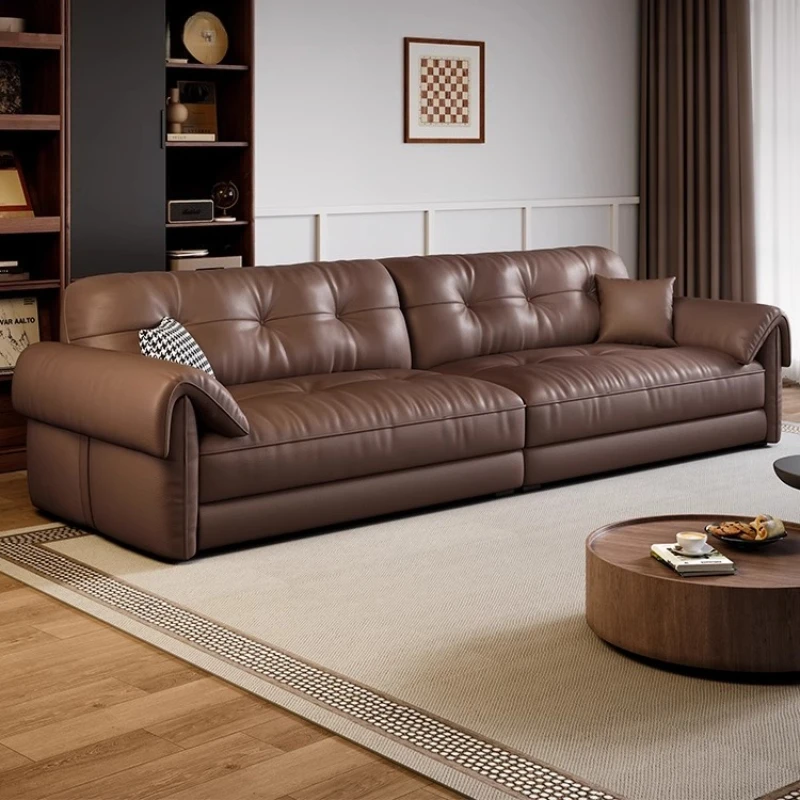 

Italian Minimalist Living Room Sofa Genuine Leather Vintage Double Living Room Sofa Puff Soft Divano Home Furniture
