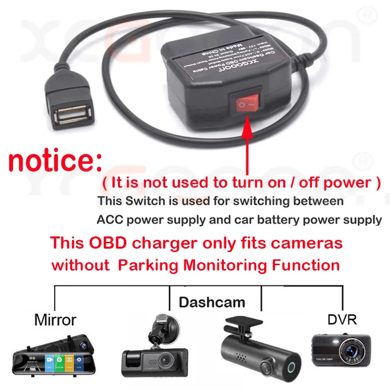 XCGaoon 24Hours 5V 3A USB Car Charge Cable OBD Hardwire Kit With Switch 0.5meter Wire For Dash Cam Camcorder Vehicle DVR