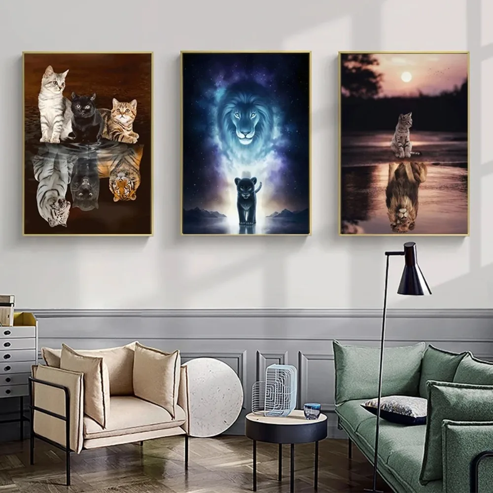 Modern Decor Tiger and Cat Oppositions Dream Poster Innocence and Mystery Imagine Animal Canvas Painting for Living Room Bedroom