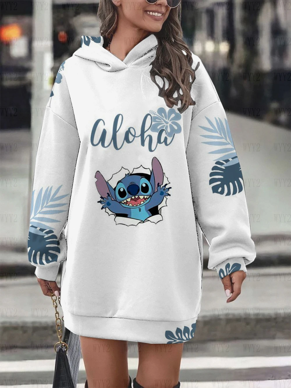 Disney stitch impressão feminina moletom solto vestido de festa de aniversário saia com capuz moda outono e inverno pulôver com capuz