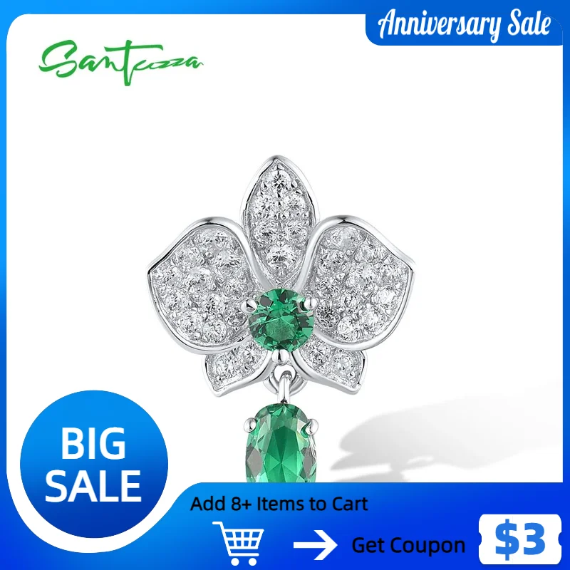 SANTUZZA Pure 925 Sterling Silver Pendant For Women Sparkling Green Spinel White Cubic Zirconia Delicate Fashion Fine Jewelry