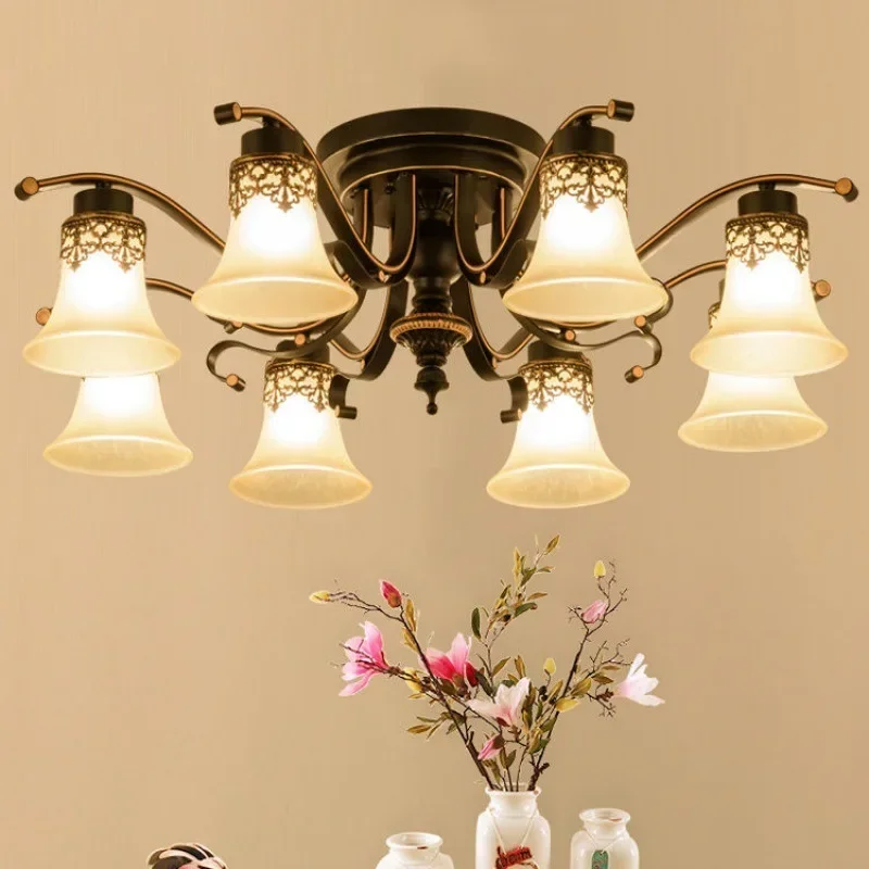 Vintage Ceiling Light Antique Metal Glass Chandelier Ceiling Lamp Fixture Retro Luminaria E27 Led Bulb Source Lamp Fitting Ming