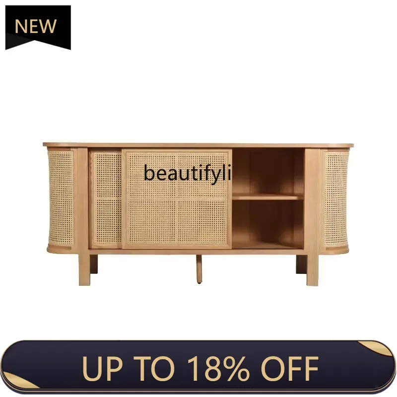 

P178 Nordic Solid Wood Sideboard Sliding Door Storage High Cabinet Modern Minimalist Rattan Dining Side Storage Entrance Cabine