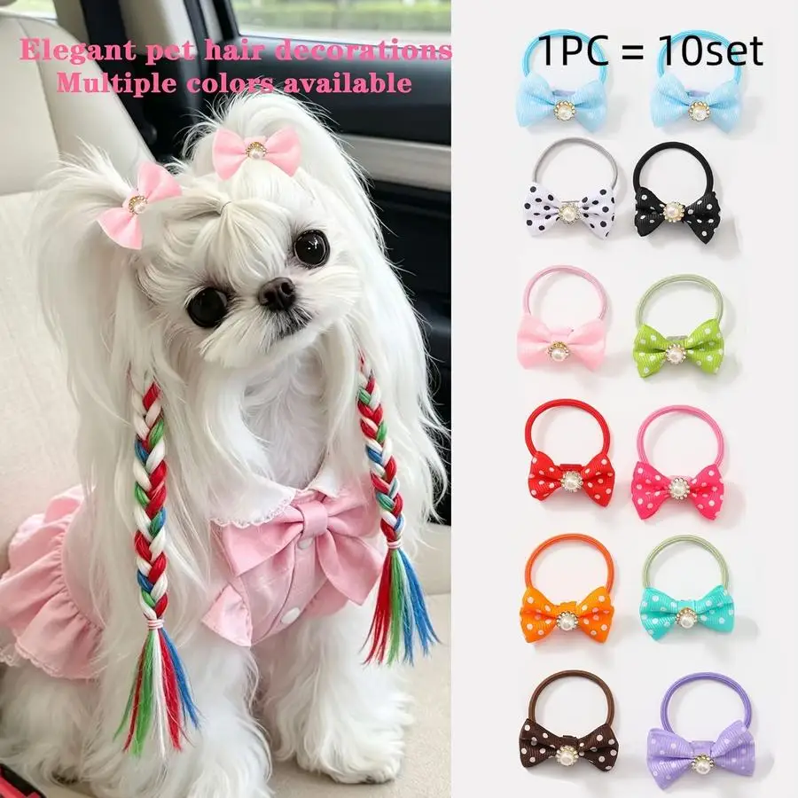 1/5/10/20/50/100pcs 6-Pack Pet Bow Hair Ties, Pearl Rhinestone Polka Dot Bow Pet Dog Headbands, Multi-Color Available, Easy to W