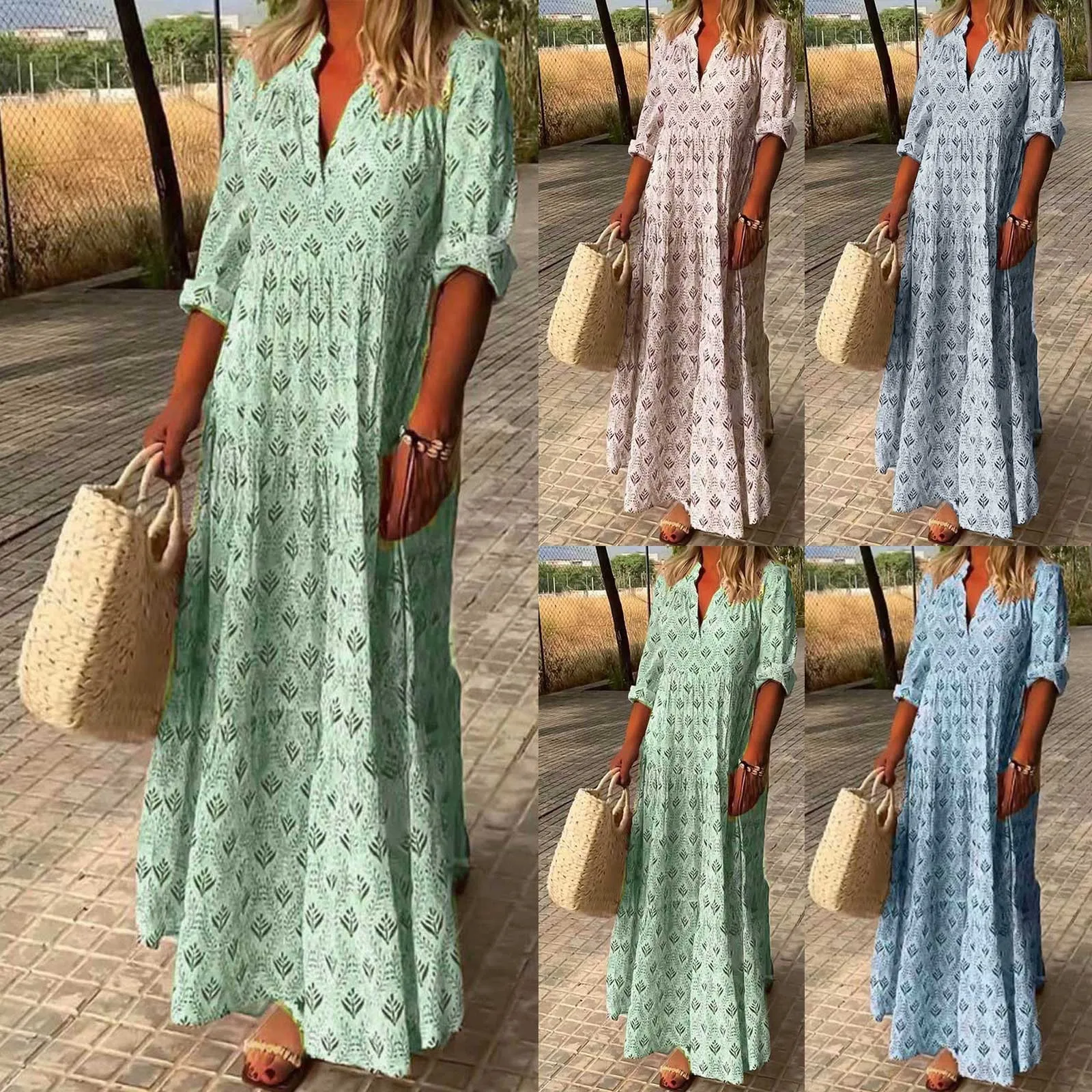 Vintage Flower Printed Dresses For Women V-Neck Loose Maxi Bohemian Style Beach Dress Casual Vacation Ladies Robe Vestidos 2024