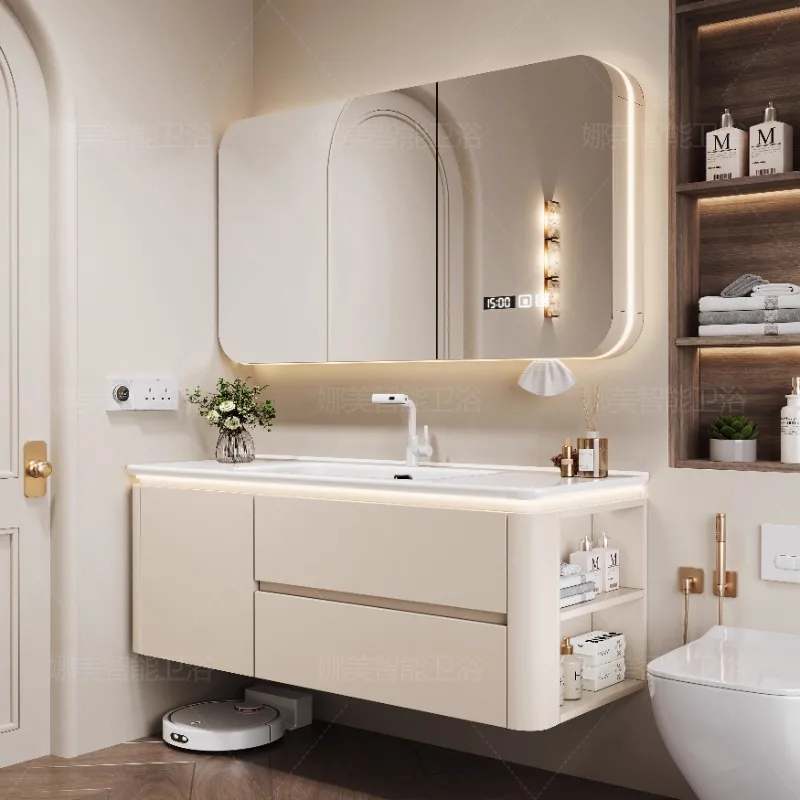 

Solid Wood Bathroom Cabinet Ceramic Integrated Basin Hand Wash Combination Storage Bath Mirrored Organizer Sink Washbasin