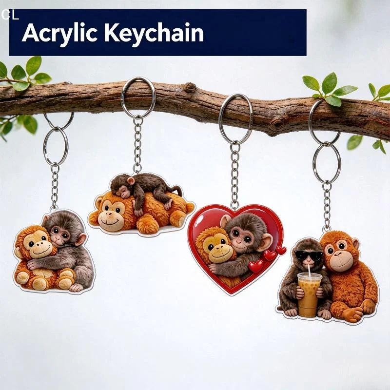 Cute Hug Couple Monkey Acrylic Keychain Double‑Sided Print Animal Bag Pendant Charm For Car Key Purse Backpack Decor Gift