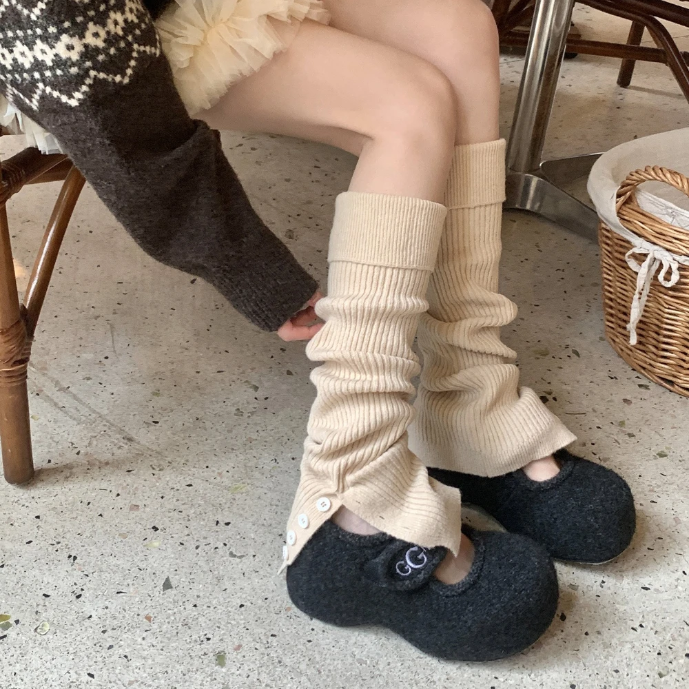 New Button Split Autumn Leg Warmers Retro Thick Warm Simple Women Slouch Socks Outdoor Cold-proof Calf Leg Warmers